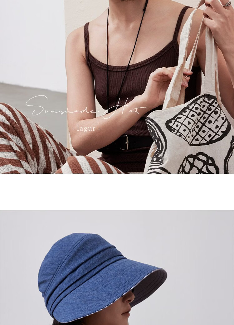 Lagur "Simple Japanese Style" Large Brim Cotton Bucket Hat with Ponytail Hole Sun Protection Foldable Sky Blue 17
