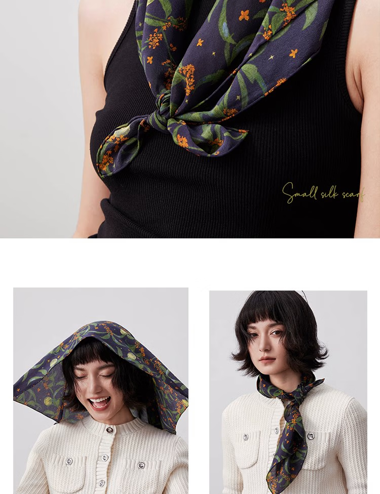 Lagur Original "Night Osmanthus" 100% Mulberry Silk Scarf, Double Crepe Rolled Edge Square Silk Scarf for Women, Refreshing Purple 15