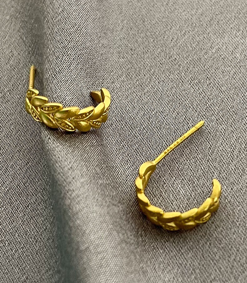 88会员节福来岛黄金麦穗弯钩耳钉女古法足金999耳环饰品生日情人节