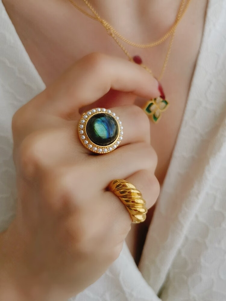 华花弥(huahuami)轻奢星光复古拉长石珍珠戒指ins天/然水晶金耀石戒子