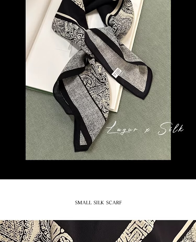 Lagur French Vintage Classic High-End Black and White 100% Mulberry Silk Square Scarf Versatile Neck Scarf for Women 21