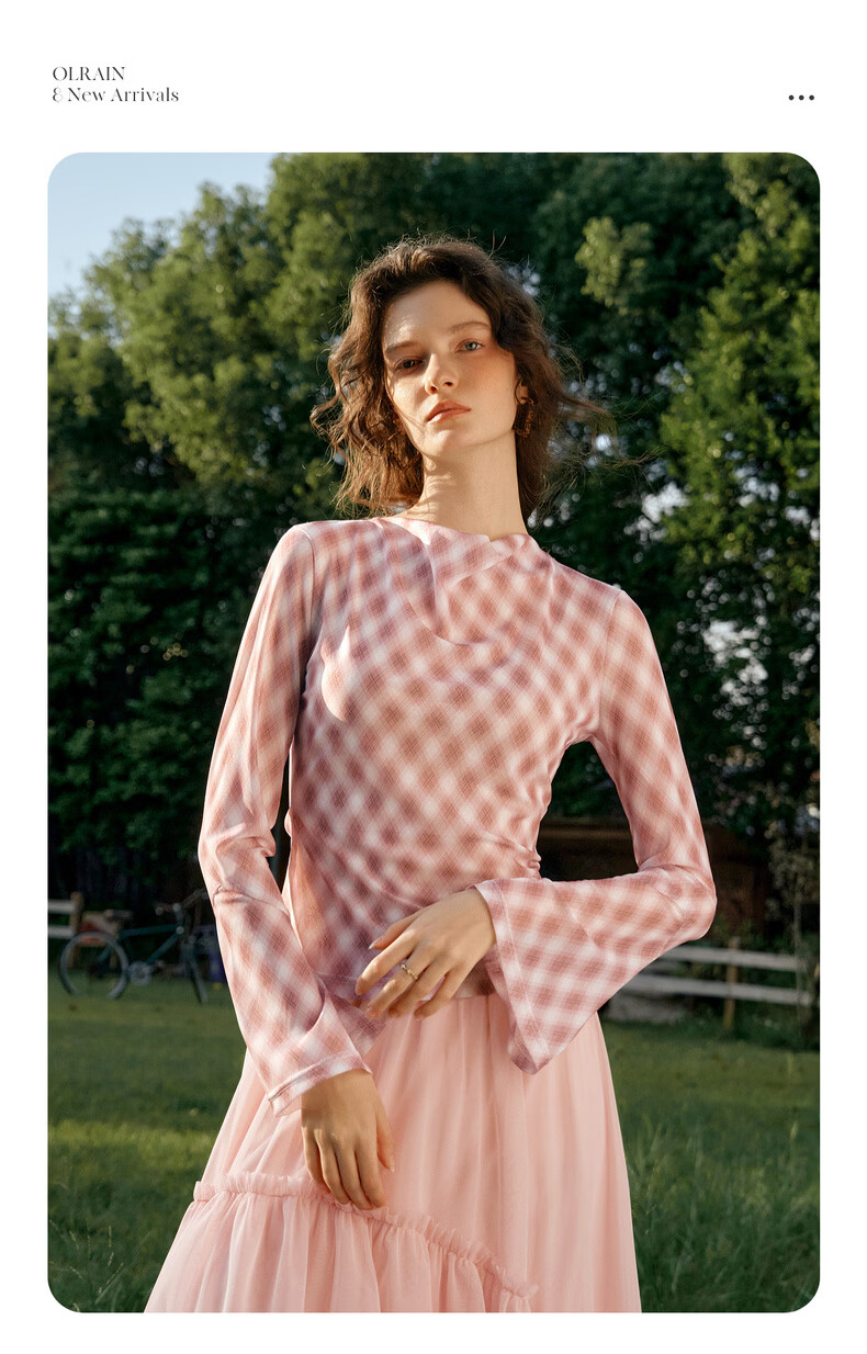 Olrain Vintage Elegant Rhombus Pattern Small Lapel Long Sleeve T-Shirt Women Spring Flared Sleeve Top Pink XL 7