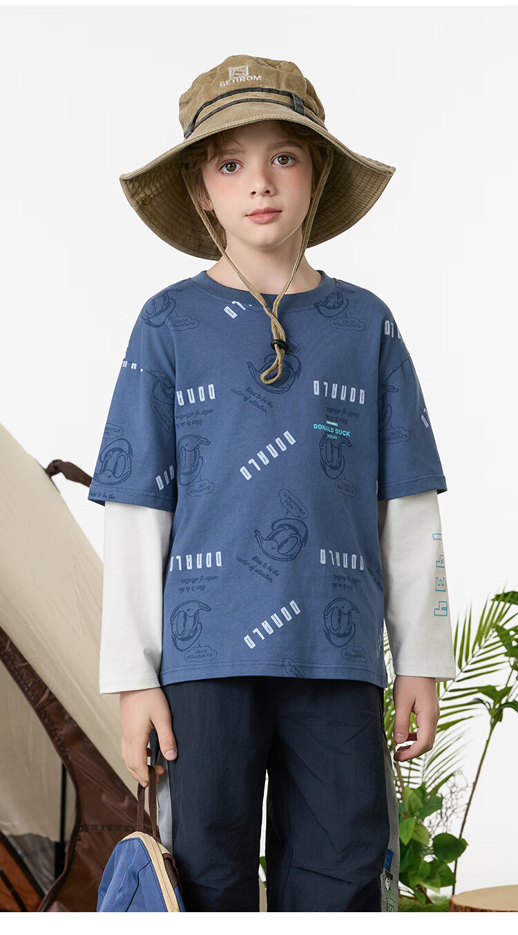 Disney Kids Boys and Girls Long Sleeve Faux Two-Piece Spring T-Shirt 2026 New Children's Cotton Base Layer Sweatshirt Trendy Cool 2