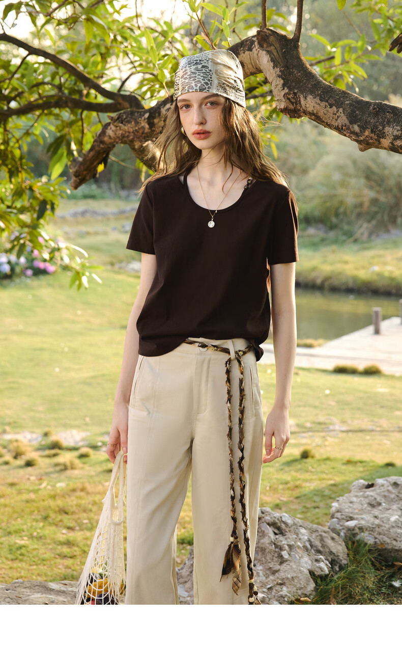 Olrain Oureier Round Neck Beaded Fitted Short Sleeve T-Shirt Women's Summer New Casual Trendy Top Beige L 15