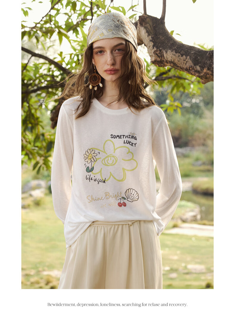 Olrain Eurielle Tencel Relaxed Fit Casual Printed Long Sleeve T-Shirt Sun Protection Top for Women White (Second Batch) M 16