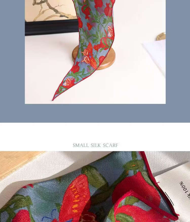 Lagur "Butterfly Pomegranate Flower" 100% Mulberry Silk Triangle Scarf Women's Silk Diamond Scarf Lupine Blue 19