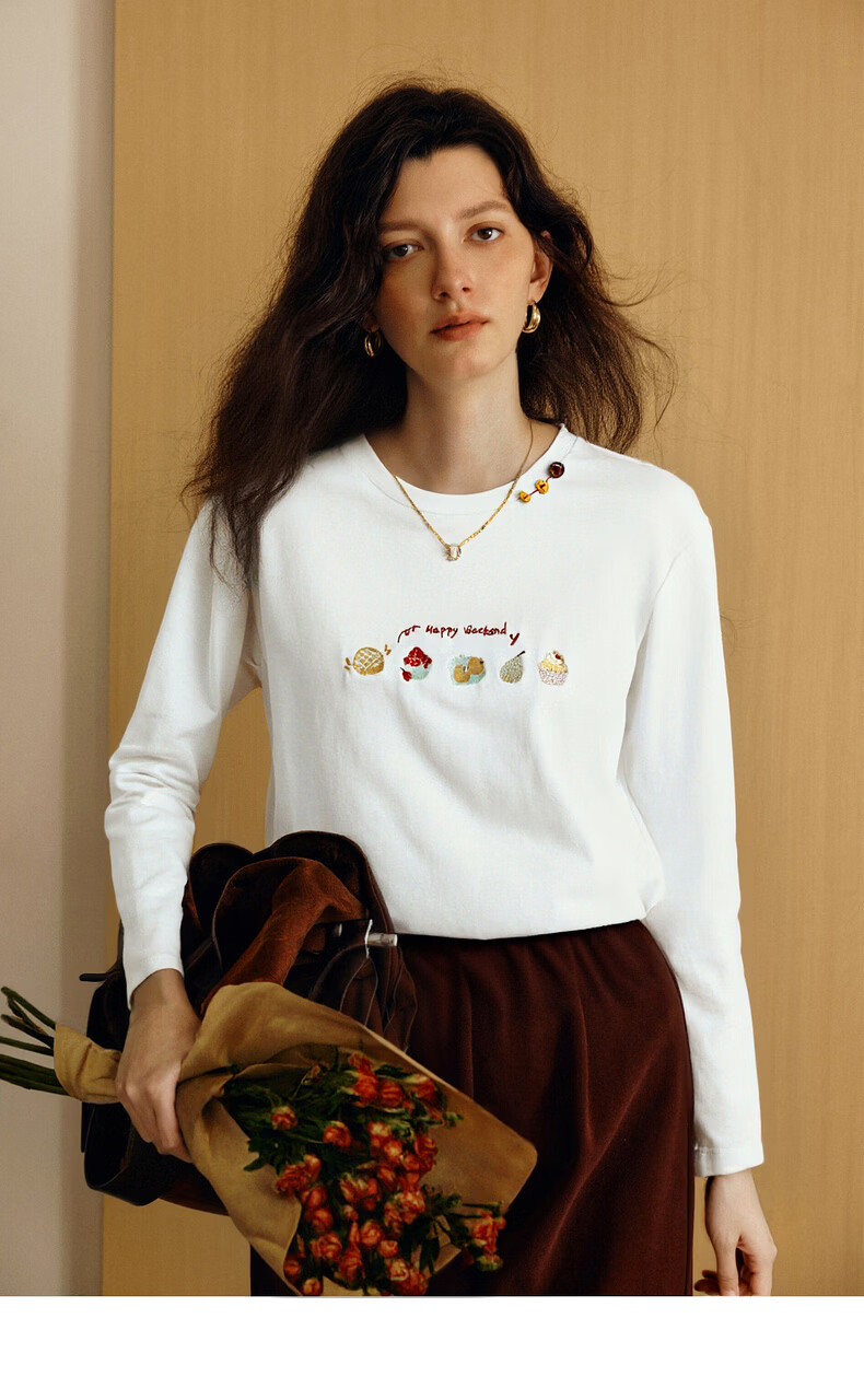 Olrain Eurier Tencel Cotton Simple Elegant Embroidered Loose Long Sleeve T-Shirt Spring Crew Neck Top for Women Beige XL 14