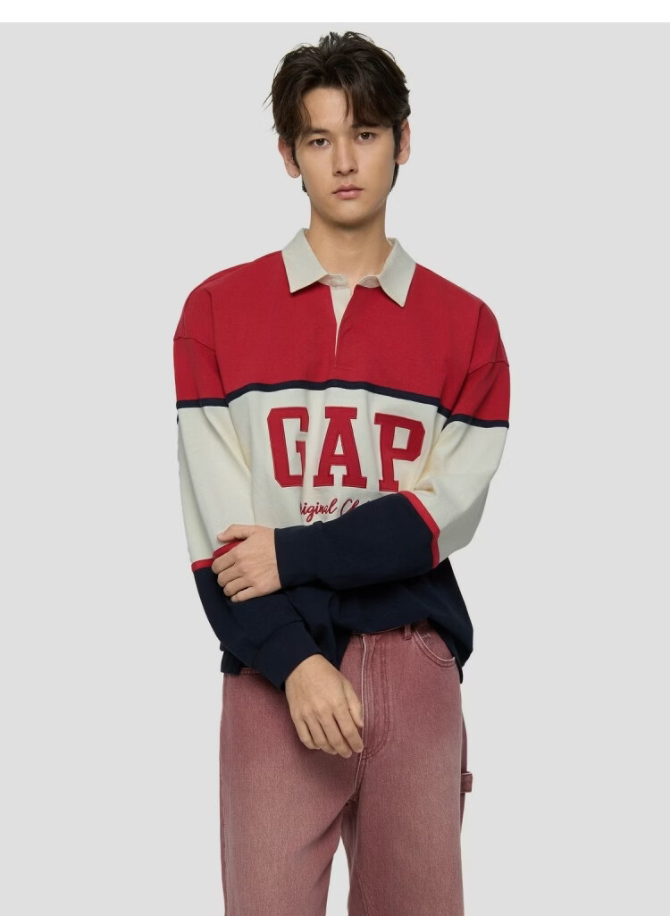 GAP 2026 Spring New Cotton Vintage Washed Colorblock Loose Long Sleeve Polo Shirt 854273 for Men and Women 15