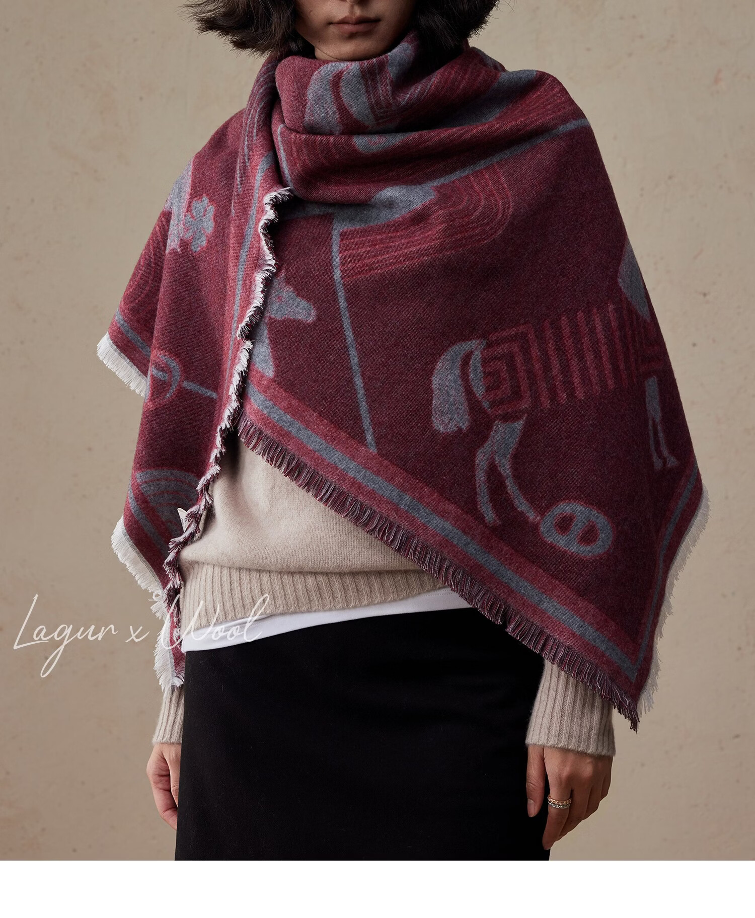 Lagur Minimalist Horse Fine Wool Blend Triangle Scarf Air Conditioning Room Shawl Versatile Women's Neck Warmer Minimalist Beige 36