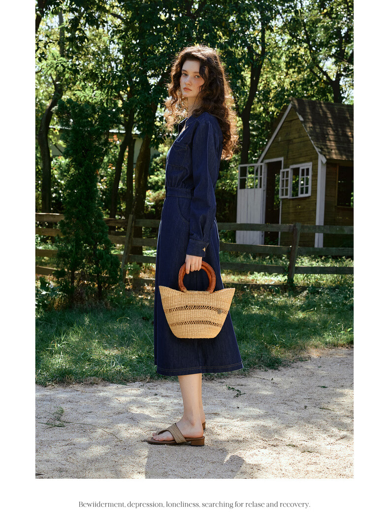 Olrain Vintage V-Neck Waist-Cinched Denim Long Sleeve Dress for Women Spring Shirt-Style Long Dress Denim Blue M 19