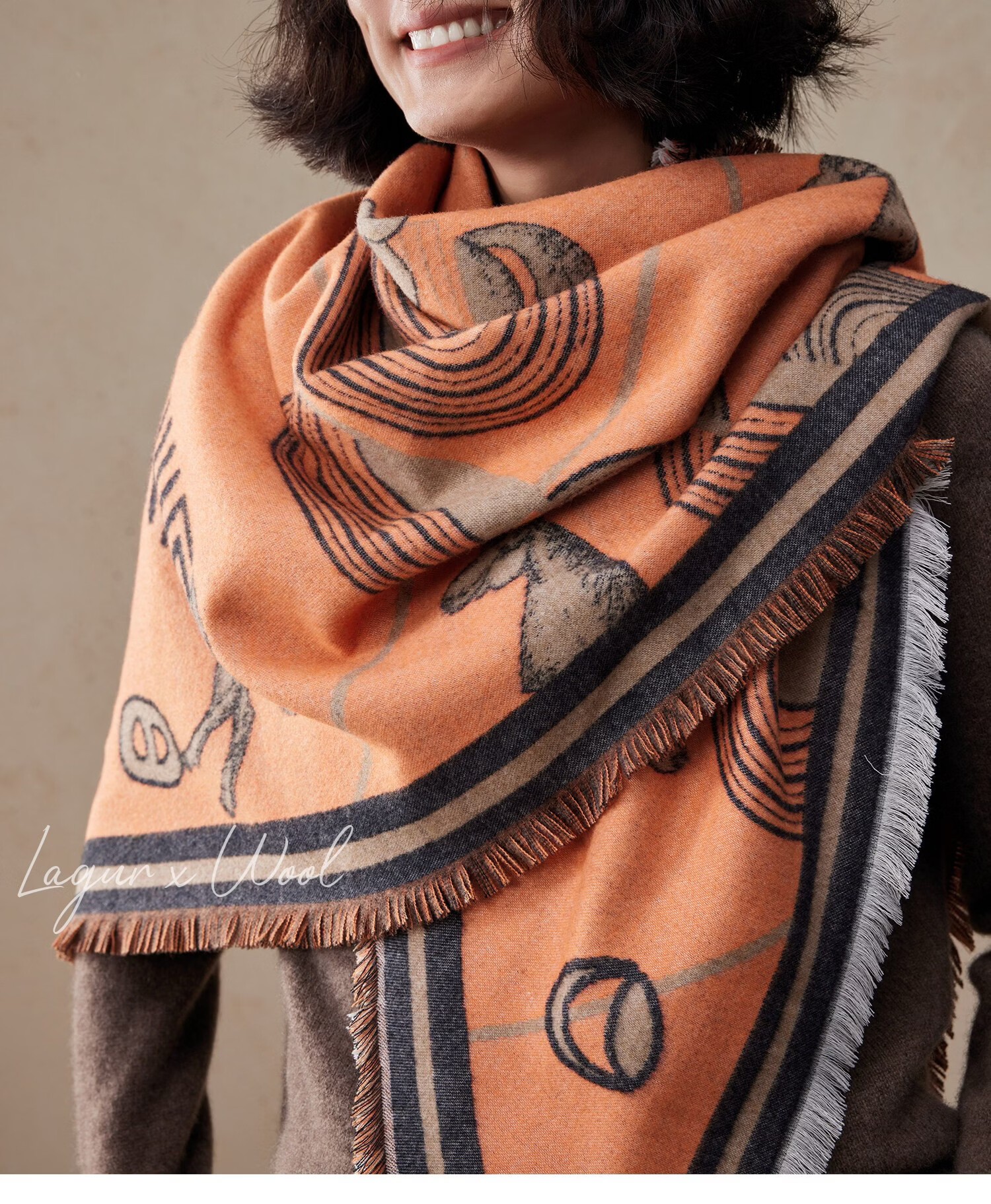 Lagur Minimalist Horse Fine Wool Blend Triangle Scarf Air Conditioning Room Shawl Versatile Women's Neck Warmer Minimalist Beige 46