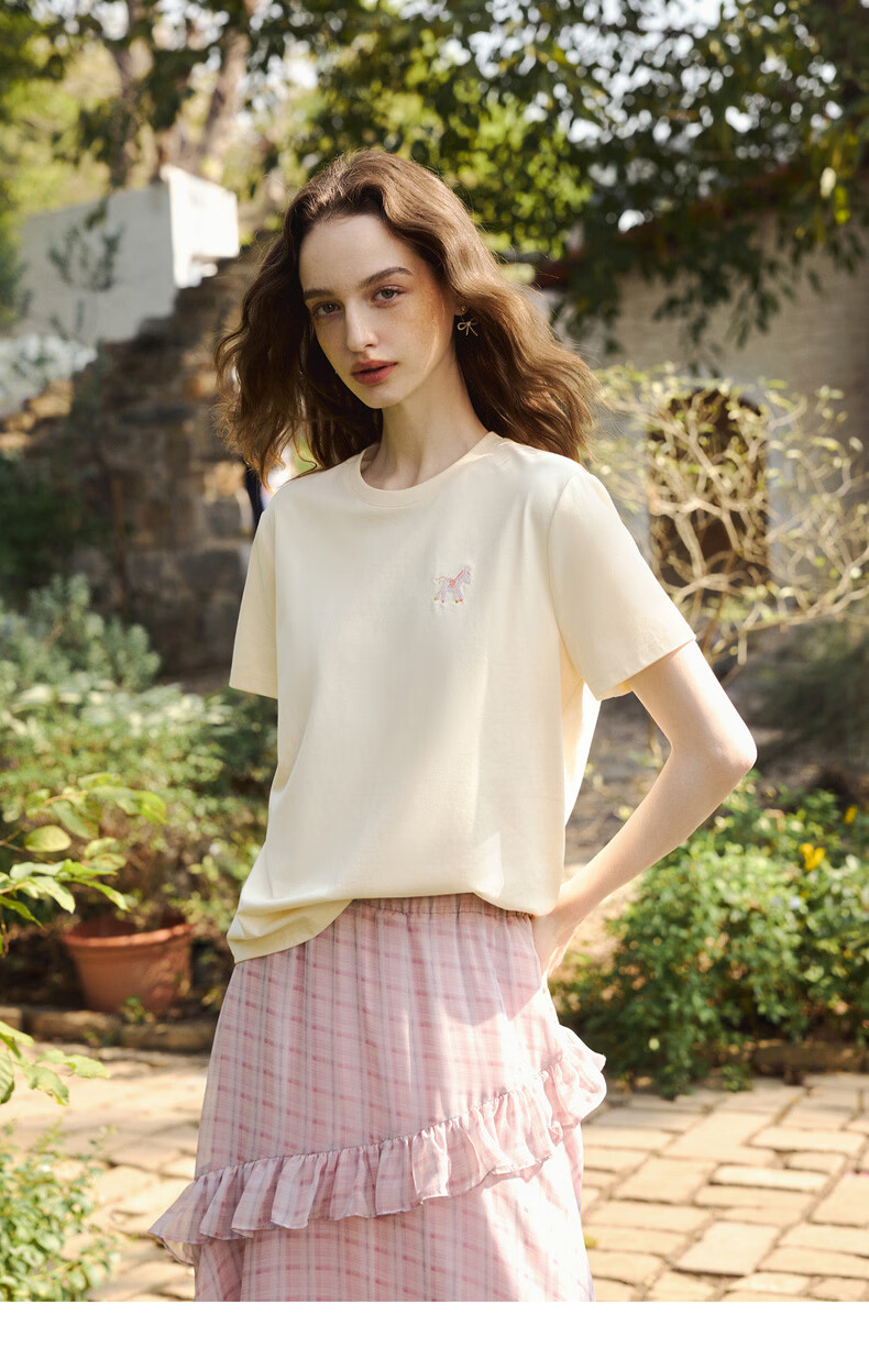 Olrain Eurier Casual Commuter Pony Embroidery Back Print Short Sleeve T-Shirt Women's Summer Top Beige M 21