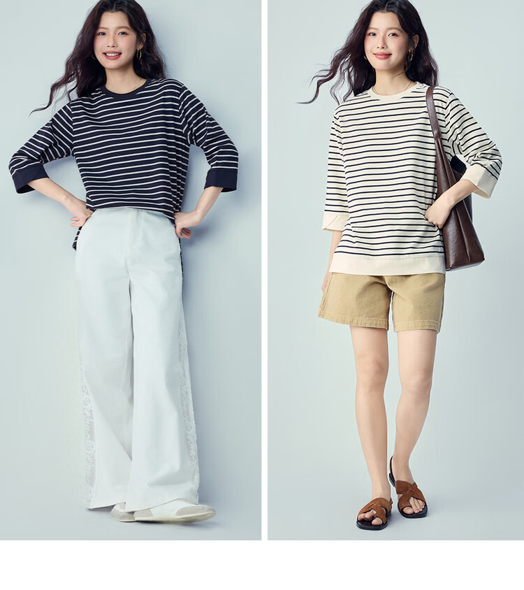 Giordano Women's T-Shirt 2026 Summer Cotton Striped Round Neck High-Low Hem 3/4 Sleeve Top 05326387 9