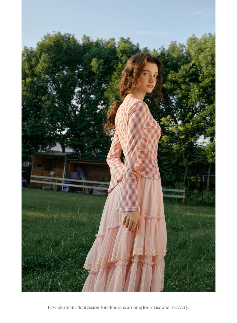 Olrain Vintage Elegant Rhombus Pattern Small Lapel Long Sleeve T-Shirt Women Spring Flared Sleeve Top Pink XL 19