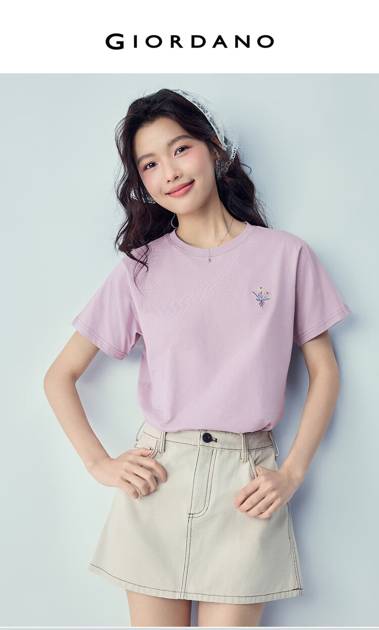 Giordano Women's Short Sleeve T-Shirt 2026 Summer Pure Cotton Bouquet Embroidery Forest Style Crew Neck Casual Top 13326320 3