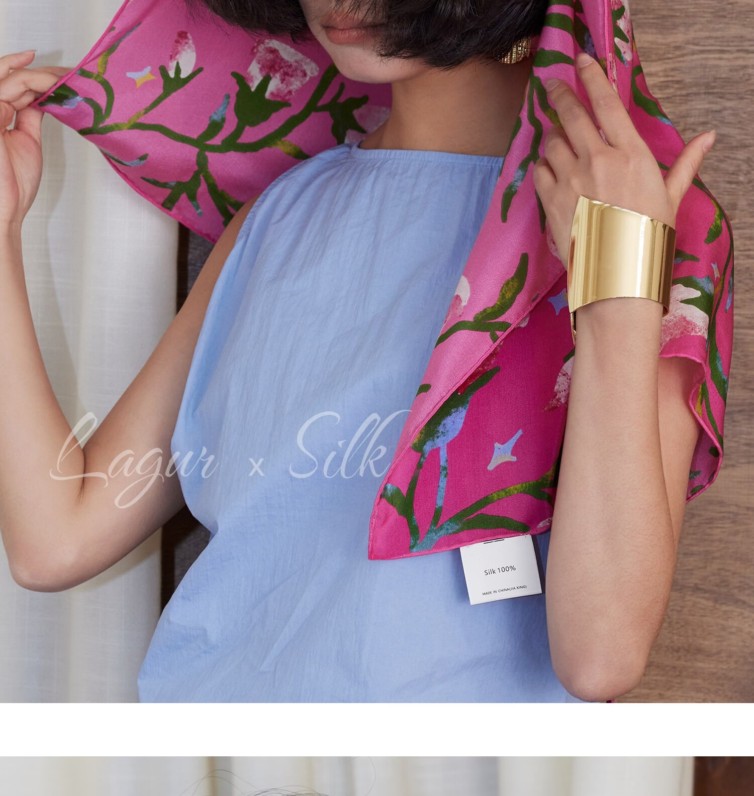 Lagur "Rose Red Morning Glory" Original Handmade Fine Rolled Mulberry Silk Scarf Midnight Blue (Pink Gift Box) 26