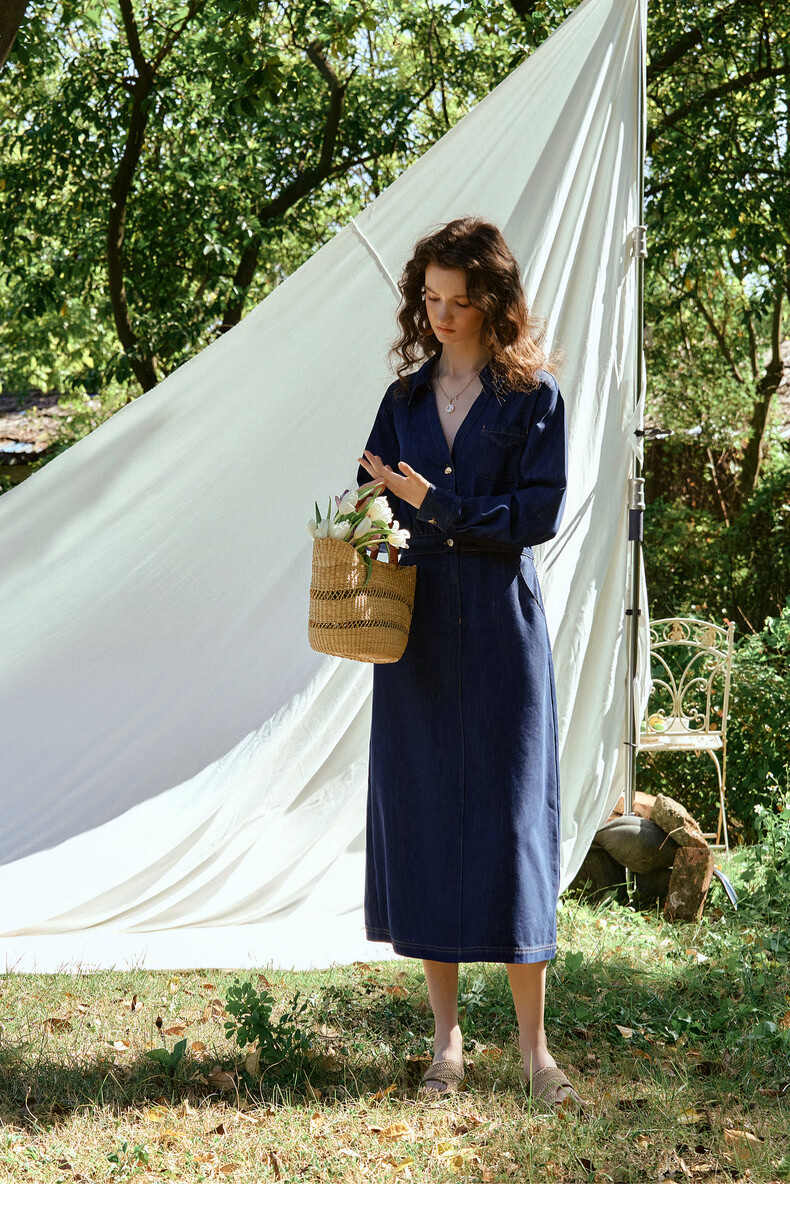 Olrain Vintage V-Neck Waist-Cinched Denim Long Sleeve Dress for Women Spring Shirt-Style Long Dress Denim Blue M 20