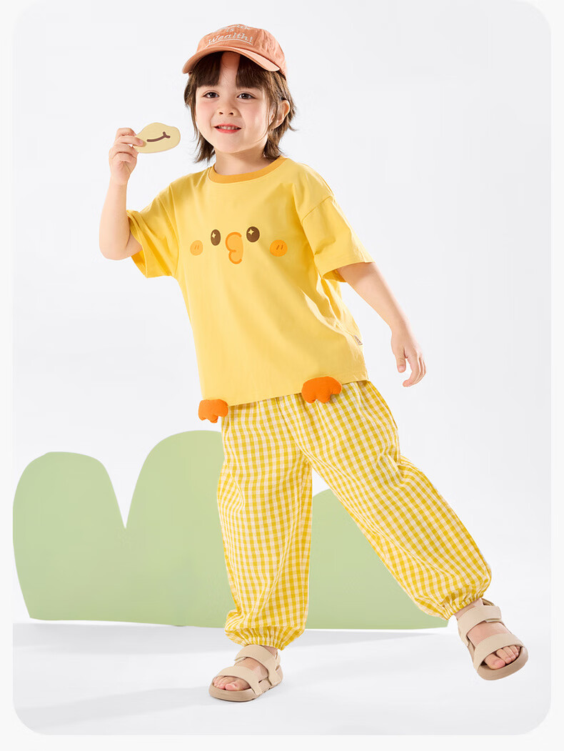 Dudu Kids Summer Set Loose Boys Short Sleeve T-Shirt Girls Casual Pants Baby Two-Piece Set Yellow-Green 120 6