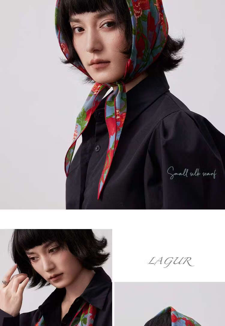 Lagur "Butterfly Pomegranate Flower" 100% Mulberry Silk Triangle Scarf Women's Silk Diamond Scarf Lupine Blue 14