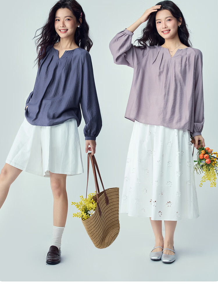Giordano 2026 Spring New Pleated V-Neck Loose Raglan Textured Long Sleeve Shirt for Women 05346117 8
