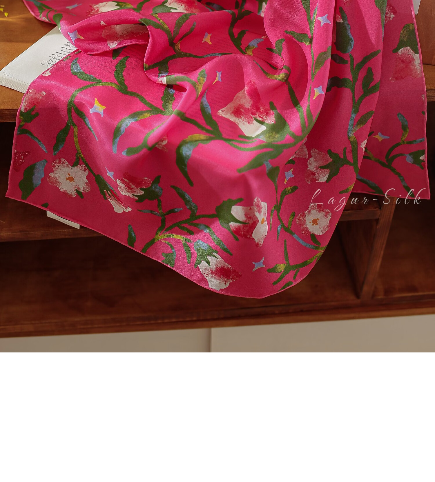 Lagur "Rose Red Morning Glory" Original Handmade Fine Rolled Mulberry Silk Scarf Midnight Blue (Pink Gift Box) 17