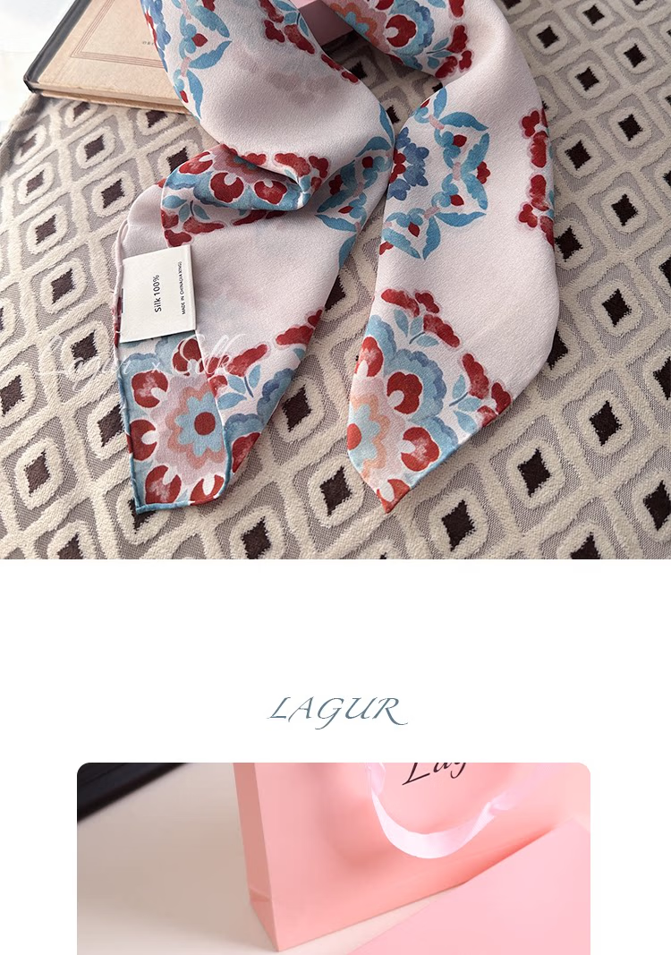Lagur "Oriental Precious Pattern" Double Crepe 12 Momme 100% Silk Scarf Precious Pattern (Pink Gift Box) 25