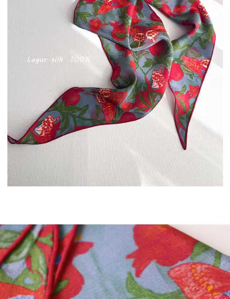 Lagur "Butterfly Pomegranate Flower" 100% Mulberry Silk Triangle Scarf Women's Silk Diamond Scarf Lupine Blue 17