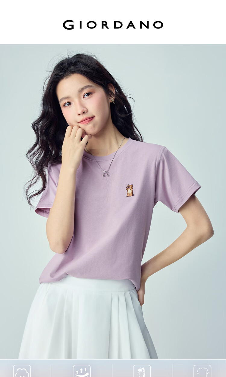 Giordano Women's Short Sleeve T-Shirt 2026 Summer New Pure Cotton Cute Cat Embroidery Crew Neck Top 13326316 3