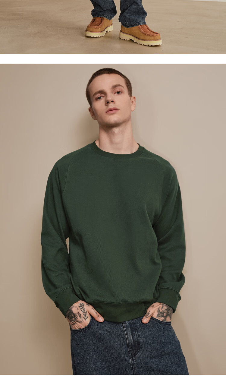 Giordano Designer Green Textured Crewneck Loose Fit Sweatshirt Men Spring New 18025805 13