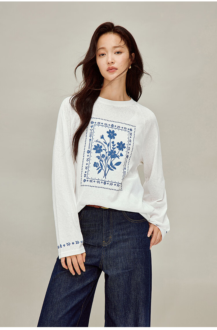 INMAN Linen Blue Printed Simple T-Shirt 26 Spring New Women's Cover-up Off-White XL 12