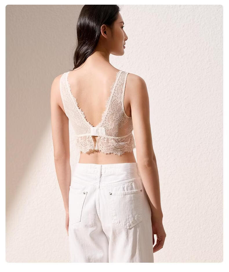 Manifen Lace Eyelash Vest Women Long Triangle Cup Camisole Back Beauty Inner Wear Push-Up Anti-Exposure Wireless Bra Base Layer 13