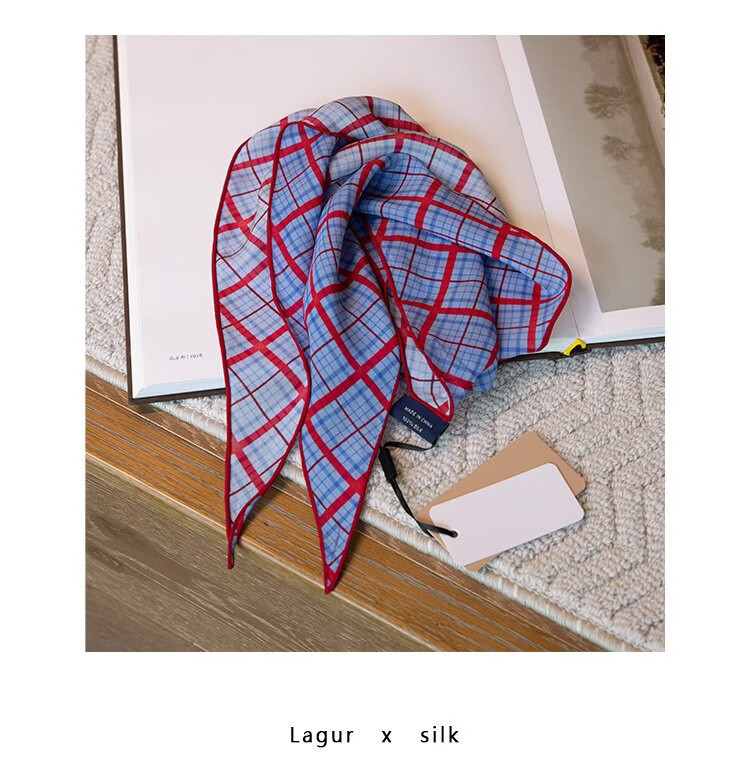Lagur Tranquil Blue Plaid 100% Mulberry Silk Scarf Long Triangle Diamond Vintage Headband for Women Tranquil Blue 12