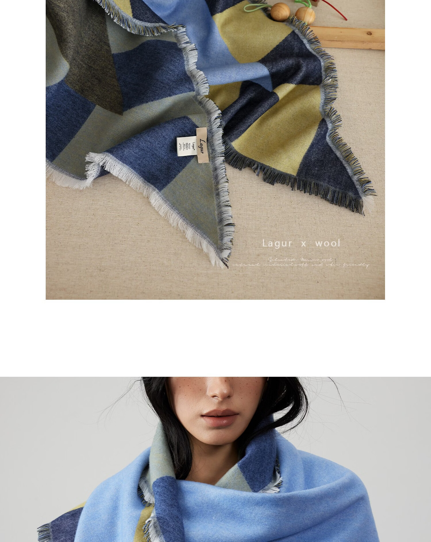 Lagur Blue Moment Tranquil Blue Fine Wool Triangle Scarf and Shawl Dual-Use Warmth Tranquil Blue 21