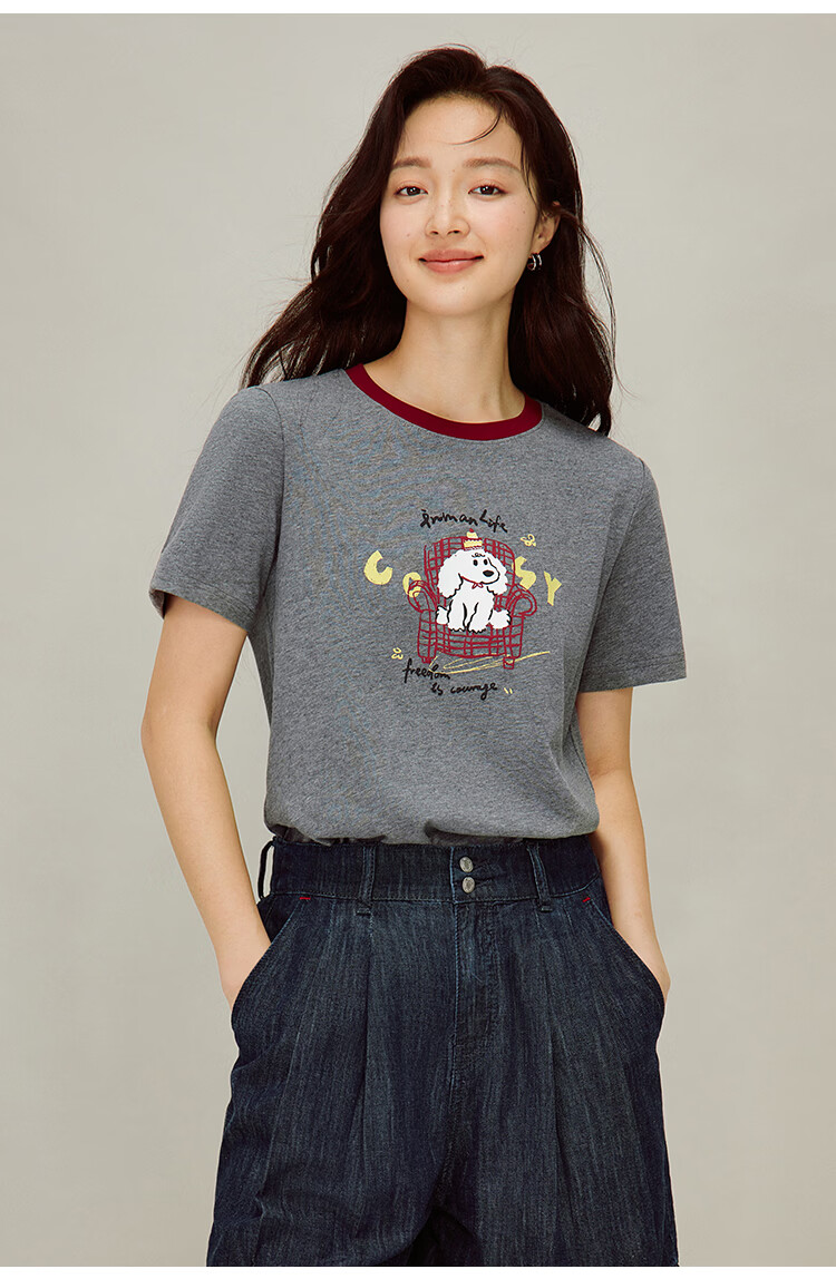 INMAN INMAN [Runway Style] Floral Contrast Color Round Neck T-Shirt, Summer Women's Regular Shoulder Short Sleeve Top, Dark Floral Gray, Size S 20