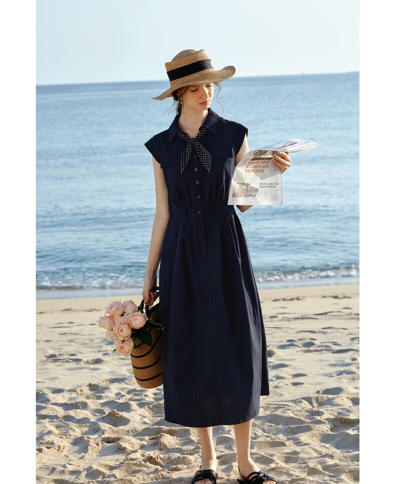 Olrain Eurier High Intelligence Style New Summer Polka Dot Scarf Design Lapel Slim Waist Dress Navy Blue M 19