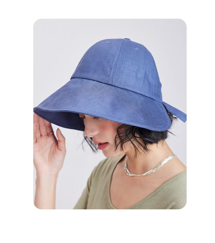 Lagur Japanese Classic Pure Linen Ponytail Outdoor Sunshade Fisherman Hat Sunscreen Hat for Women Summer Dark Blue 25