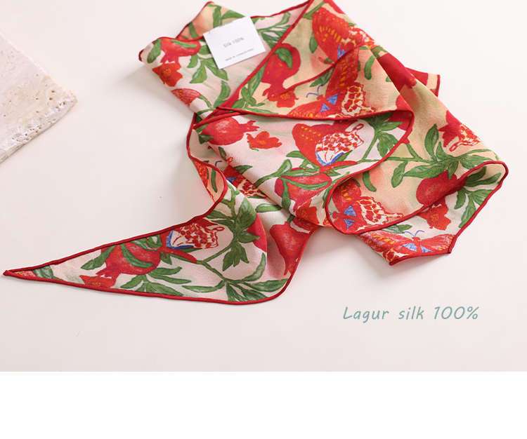 Lagur "Butterfly Pomegranate Flower" 100% Mulberry Silk Triangle Scarf Women's Silk Diamond Scarf Lupine Blue 32