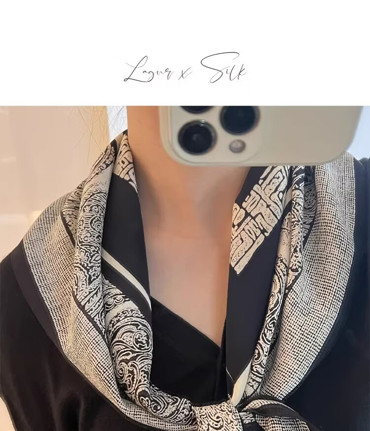 Lagur French Vintage Classic High-End Black and White 100% Mulberry Silk Square Scarf Versatile Neck Scarf for Women 14