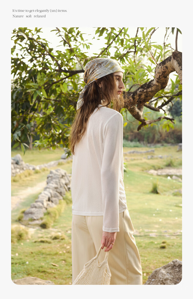 Olrain Eurielle Tencel Relaxed Fit Casual Printed Long Sleeve T-Shirt Sun Protection Top for Women White (Second Batch) M 9