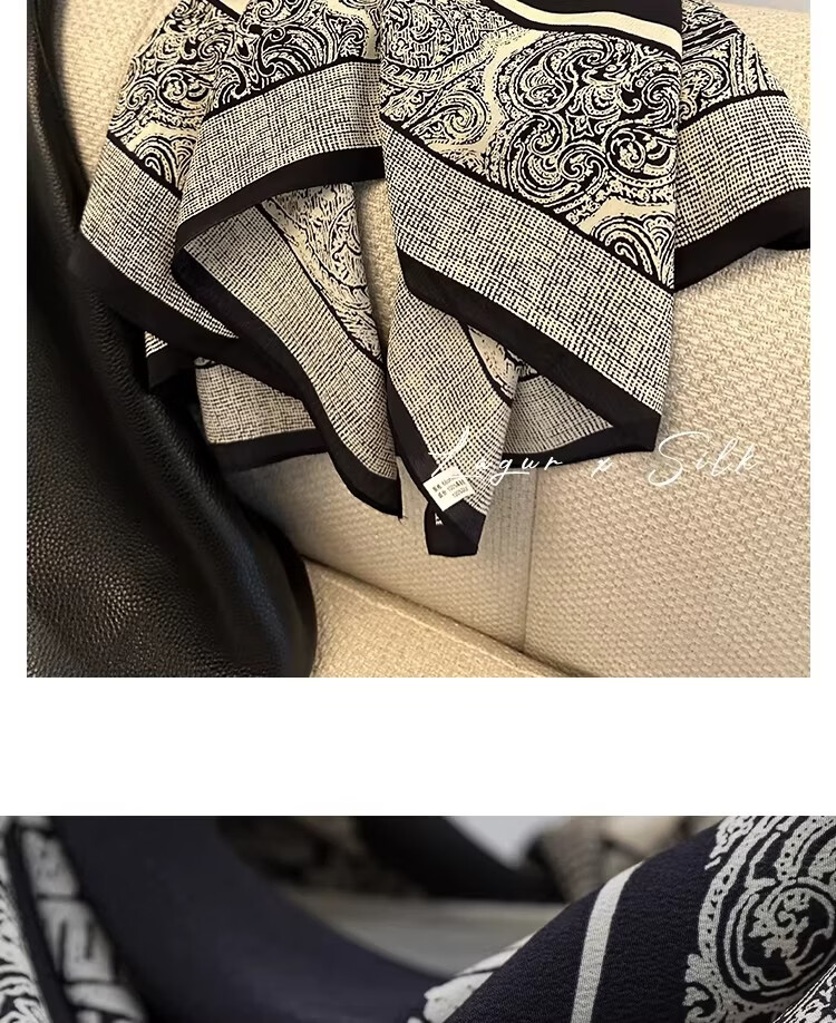 Lagur French Vintage Classic High-End Black and White 100% Mulberry Silk Square Scarf Versatile Neck Scarf for Women 19