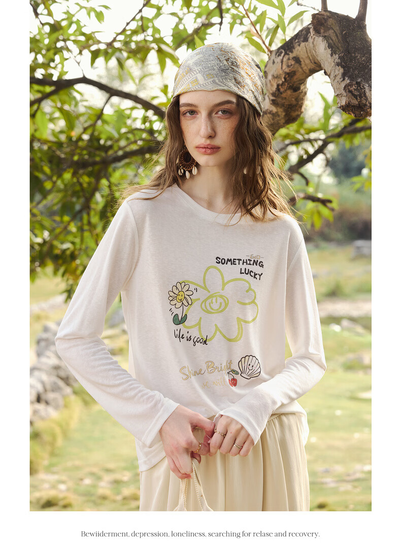 Olrain Eurielle Tencel Relaxed Fit Casual Printed Long Sleeve T-Shirt Sun Protection Top for Women White (Second Batch) M 13
