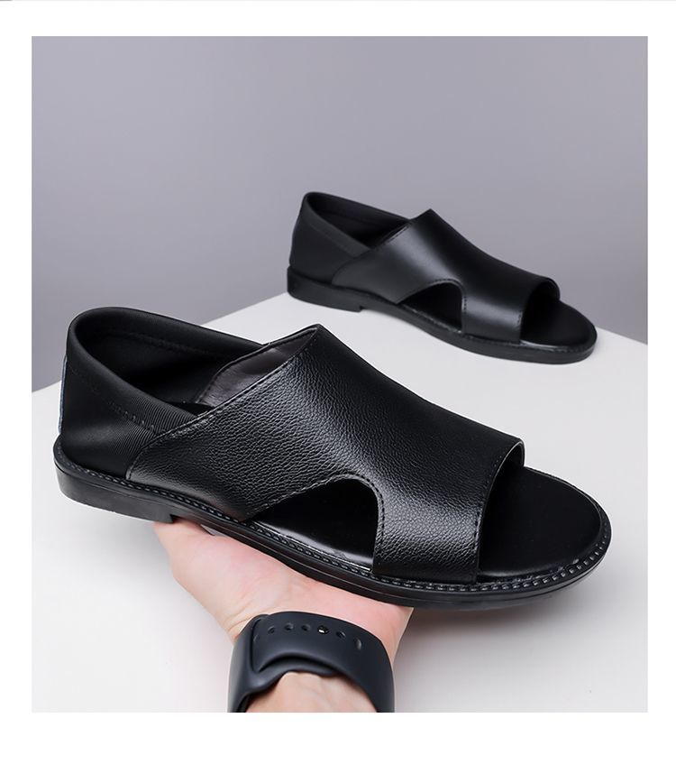 Jingzhenlianggong Men's Summer Sandals Dual-use Slippers Non-slip Soft Sole Beach Shoes Black [Leather Texture] Size 38 16