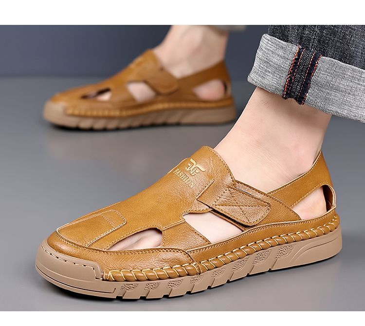 Jingzhenlianggong New Casual Sandals High-Quality Ultra-Soft Men's Breathable Sandals Wear-Resistant Non-Slip Yellow [Leather Version] Size 43 23