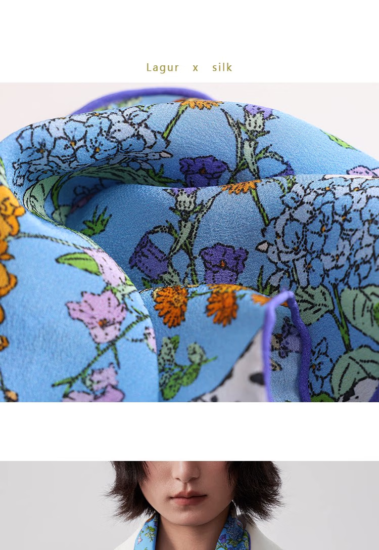 Lagur "French Wonderland" 100% Mulberry Silk Small Scarf 12 Momme Silk Triangle Neck Scarf Spring Autumn Cream Yellow 29