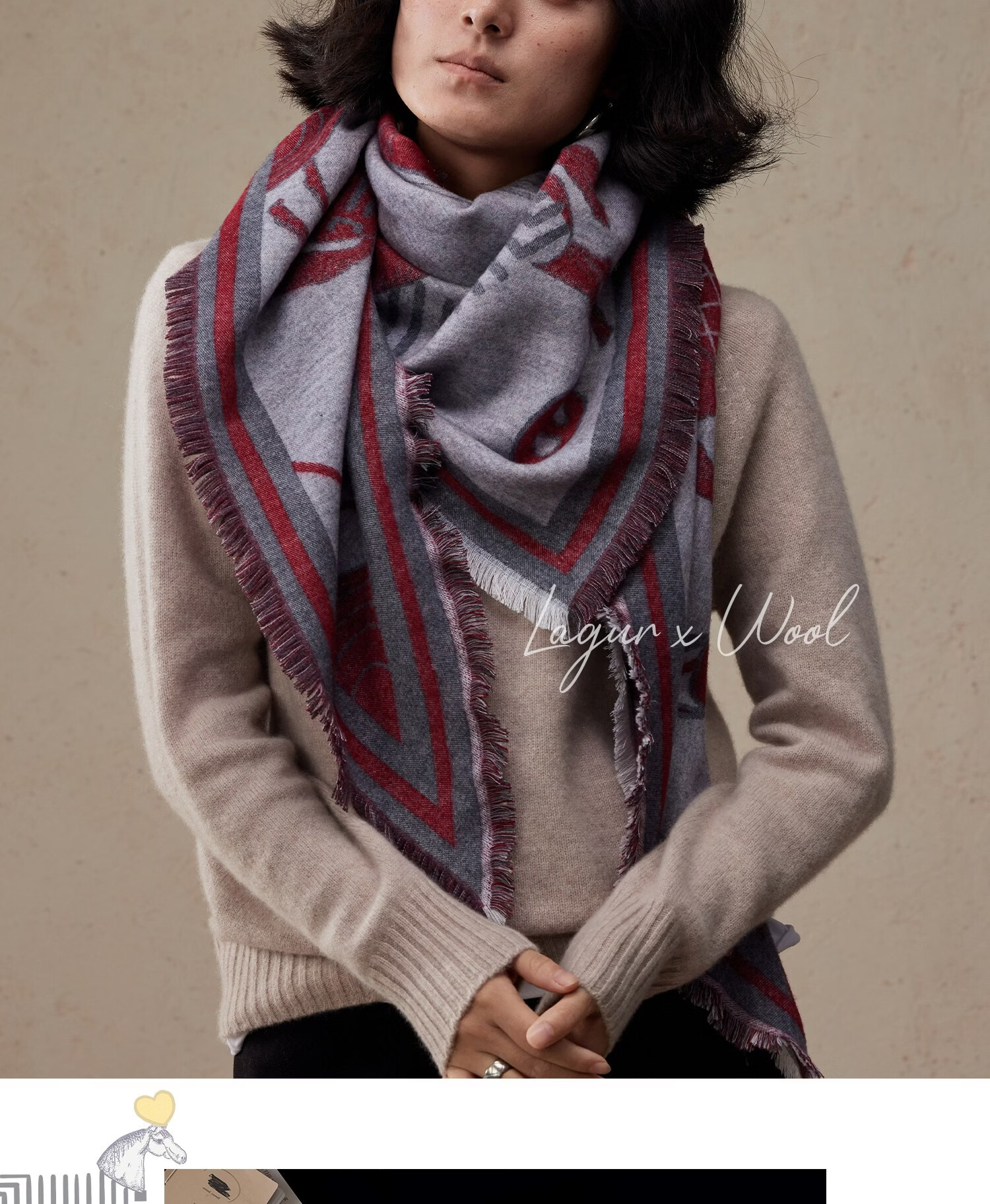 Lagur Minimalist Horse Fine Wool Blend Triangle Scarf Air Conditioning Room Shawl Versatile Women's Neck Warmer Minimalist Beige 34
