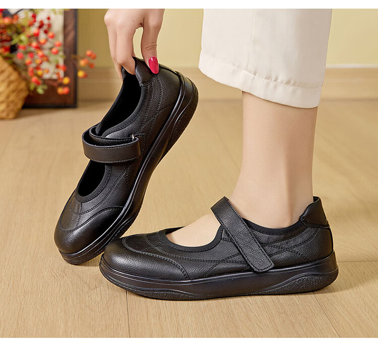 Zulijian Elderly Shoes Spring Summer Women's Leather Soft Sole Loafers Slip-On Single Strap Non-Slip Mom Shoes Nurse Shoes 20