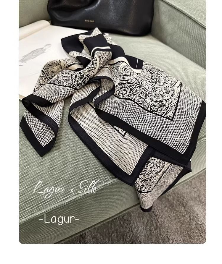 Lagur French Vintage Classic High-End Black and White 100% Mulberry Silk Square Scarf Versatile Neck Scarf for Women 13