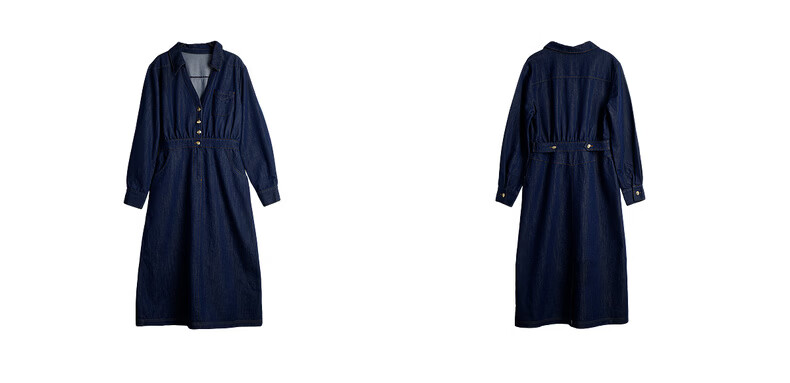 Olrain Vintage V-Neck Waist-Cinched Denim Long Sleeve Dress for Women Spring Shirt-Style Long Dress Denim Blue M 6