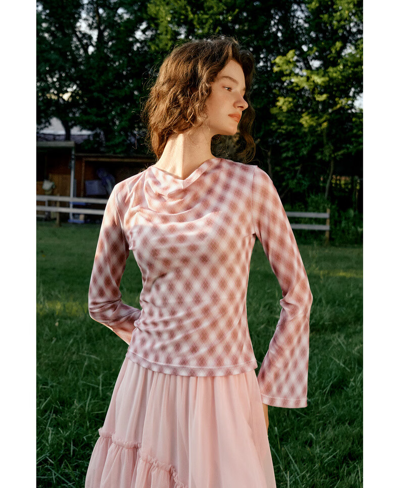 Olrain Vintage Elegant Rhombus Pattern Small Lapel Long Sleeve T-Shirt Women Spring Flared Sleeve Top Pink XL 18