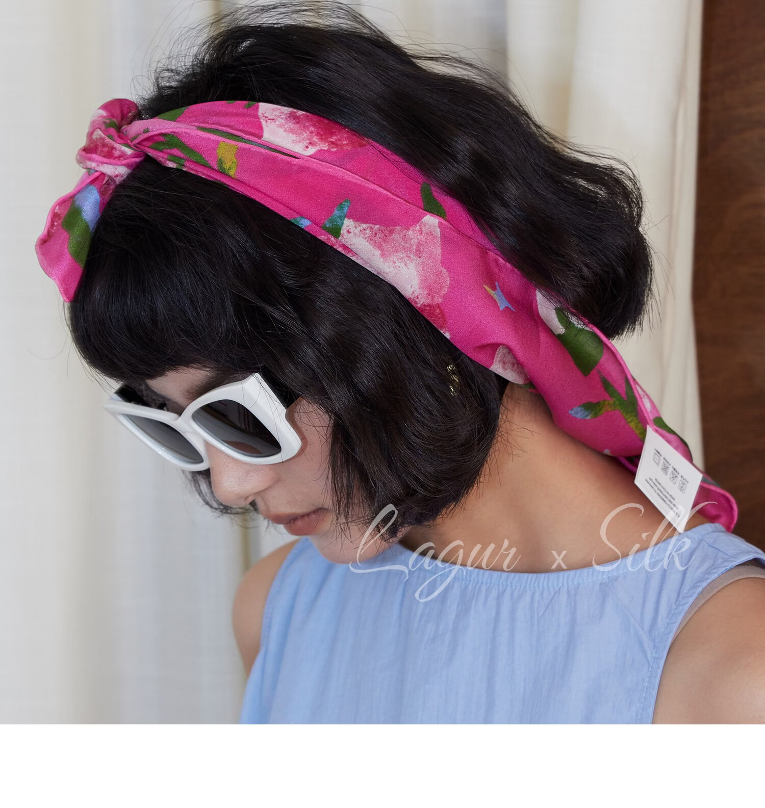 Lagur "Rose Red Morning Glory" Original Handmade Fine Rolled Mulberry Silk Scarf Midnight Blue (Pink Gift Box) 27